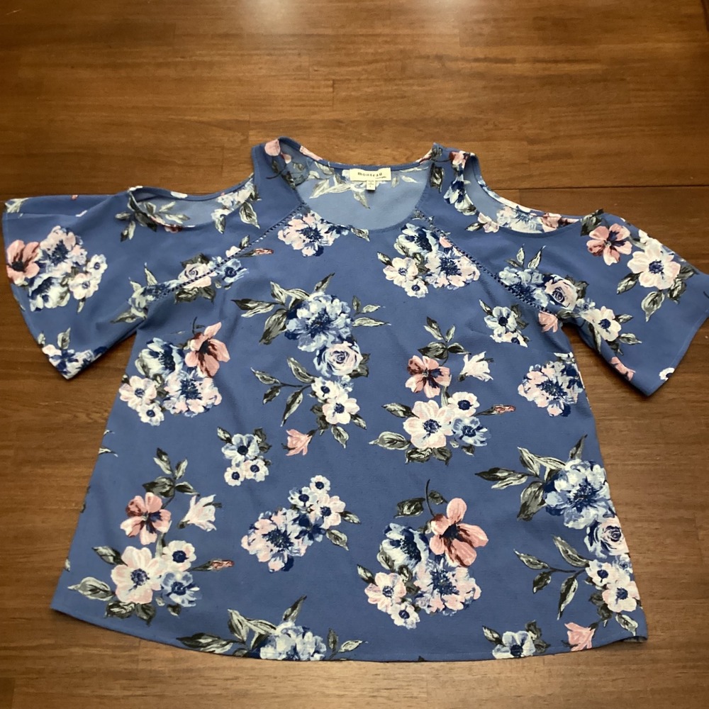 Monteau Los Angeles Blue Floral Cold Shoulder Flutter Sleeve Blouse Top Large - Picture 7 of 8